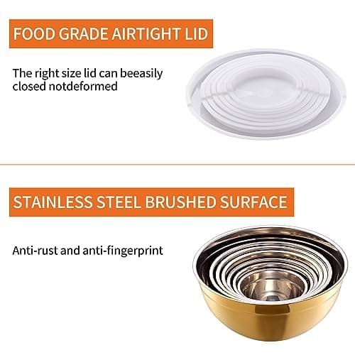 Moxinox Gold Mixing Bowls with Airtight Lids, Stainless Steel Nesting Mixing Bowls Set of 7, Ideal for Baking, Prepping and Serving Food, Size 7, 3.6, 2.7, 2.1, 1.5, 1.1,0.8 QT, Stackable Design 5