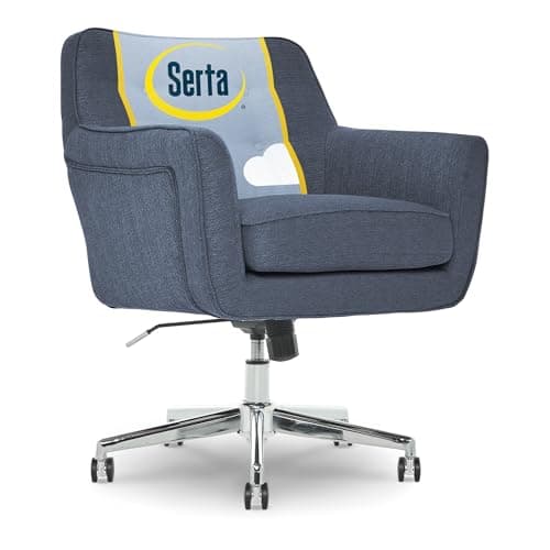 Serta Ashland Home Office Desk Chair with Button Tufted Mid-Back, Memory Foam Cushion and Padded Arms, Mid Century Modern Vanity Armchair with Wheels for Bedroom, Chrome Metal Base, Blue