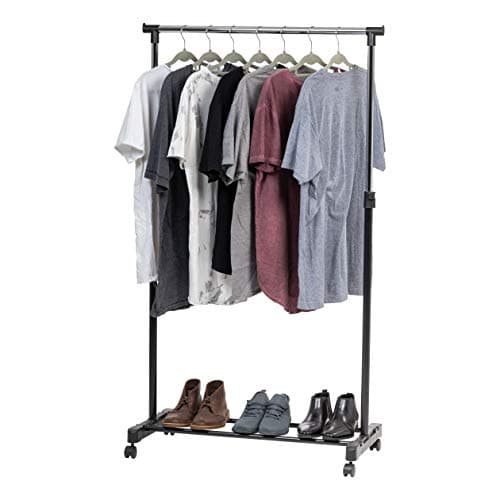 IRIS USA Clothes Rack, Portable Single-Rod Height Adjustable with Lockable Wheels, Rolling Garment Rack, Single Rod Wardrobe Rack, Easy Assemble, for Clothes, Belts, Shoes, and Bags