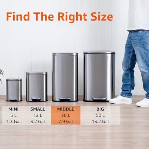 Amazon Basics Smudge Resistant Rectangular Trash Can with Soft-Close Lid, Foot Pedal, Removable Inner Bucket, 30 Liter/7.9 Gallon, Brushed Stainless Steel, Satin Nickel Finish, 13.8"L x 11.8"W x 25"H 4