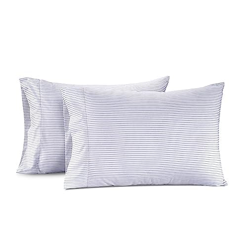Lane Linen 100% Organic Cotton Pillow Cases Standard Size Set of 2 (20"x26") - Cotton Pillowcases Standard Size - Soft Pillow Cases Set of 2 - Standard Pillowcase Pack of 2 - Ticking Stripe Cobalt