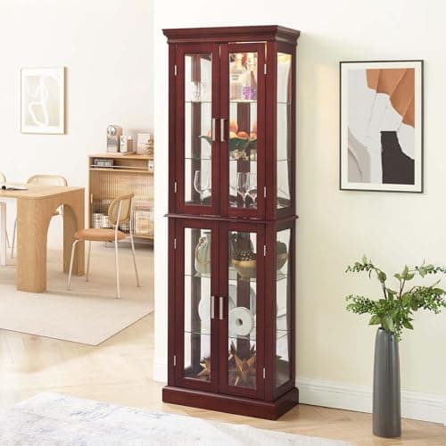 Firscook Cherry Wooden Display Cabinet with Lighted Glass Shelves, Vintage Accent Storage with 6 Adjustable Shelves, 70" Curio Cabinet 6