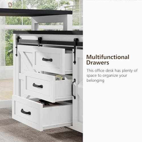 L Shaped Desk With Drawers, Farmhouse Executive Wood Home Office With Power Outlet, Rustic Reversible Computer With Storage Cabinet, Double Sliding Barn Door and Adjustable Shelves 5