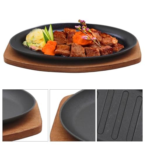 Cast Iron Steak Plate Sizzle Griddle, Round Shape Grill Fajita Server Plate, with Wooden Base Steak Pan, Household use or Restaurant Supply (10" Diameter) 6