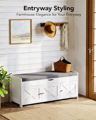 Pipishell 2-Tier Shoe Storage Bench, Entryway Bench with 3 Barn Doors, Cushion Seat, Hidden Storage, Adjustable Shelf, 200 lbs Capacity, for Entryway, Living Room, Bedroom, White (39.4″Wx15″Dx18.1″H) 7