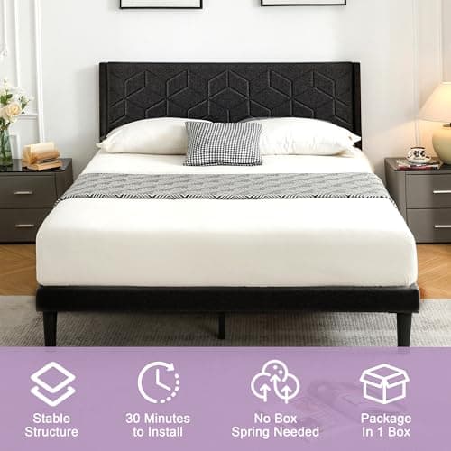 ZFAEUL Full Size Bed Frame with Headboard，Platform Full Bed Frame, No Box Spring Needed, Non-Slip, Wooden Slats Support, Easy Assembly,Black 6