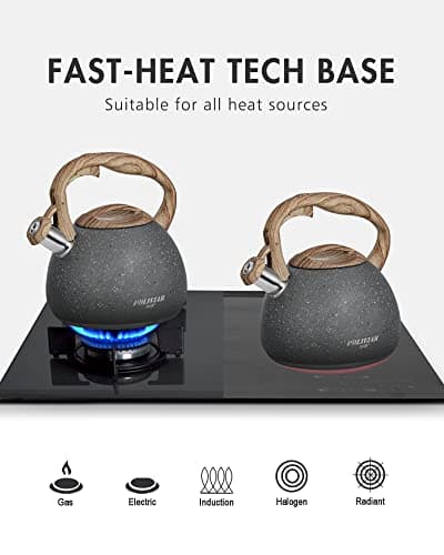 POLIVIAR Tea Kettle, 2.7 Quart Natural Stone Finish with Wood Pattern Handle Loud Whistle Food Grade Stainless Steel Teapot, Anti-Hot Handle and Anti-Rust, Suitable for All Heat Sources (JX2018-GR20) 6
