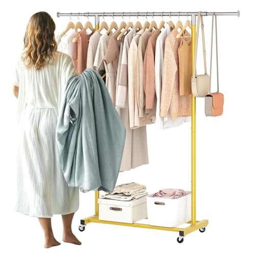JIUYOTREE Rolling Clothes Rack with Shelf Clothing Garment Rack with Wheels Width Adjustable Clothing Organizer for Hanging Clothes Shirts Pants Skirts and Bags Gold