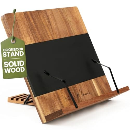 Cookbook Stand for Kitchen Counter – Adjustable Wood Book Holder with Resin Accent, Rustic Recipe Book Stand with Secure Page Grips, Compatible with Cookbooks & Tablets