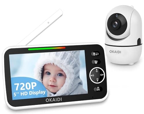 OKAIDI 5" HD Baby Monitor with Camera and Audio, 720P Display, 5000mAh Battery, Remote Pan-Tilt, 3X Zoom, Night Vision, 2-Way Talk, Temperature,Lullabies,1000ft Range Baby Monitor No WiFi