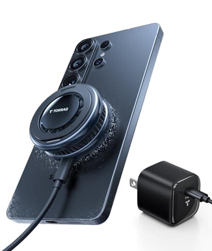 TORRAS PolarCircle Qi2.2 Wireless Charger, 25W Cooling Magnetic Pad for Samsung Galaxy S26/S25, Wireless Charger for iPhone 17/16 with 360°Spin Stand, Semiconductor Phone Cooler, with 45W IceNano Plug