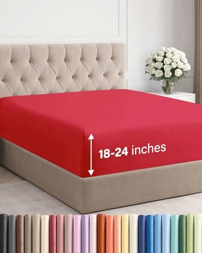 Extra Deep Full Fitted Sheet - Hotel Luxury Single Fitted Sheet Only - Easily Fits 18 inch to 24 inch Mattress - Ultra Soft, Wrinkle Free with Extra Deep Pockets - Easy-Care, Breathable & Comfy - Red