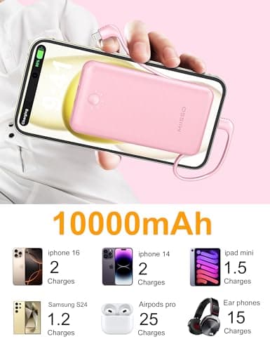 miisso Ultra Slim 10000mAh Power Bank Built-in Cables and Foldable AC Wall Plug, Pocket Size USB C Portable Charger, External Battery Pack Compatible with iPhone Samsung, Pink 5