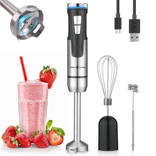 Liebe&Lecker Immersion Blender Handheld Cordless, 3 in 1 Cordless Hand Blender, 8 Speed Emulsion Blender Handheld with Whisk Milk Frother for Soup Smoothie
