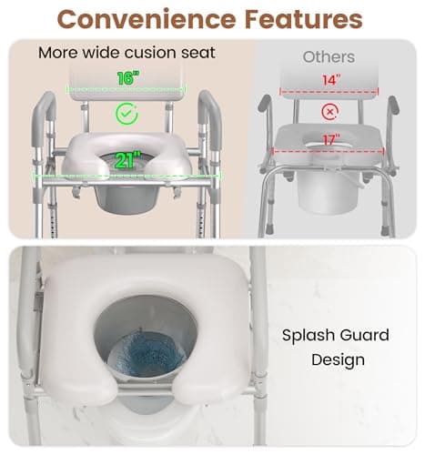 SOUNDFUSE Bedside Commode Chair with Padded Seat and Backrest, Aluminum Dual-Crossbar, Height Adjustable, Portable Toilet for Seniors and Adults, Potty Bucket and Splash Guard, 350 lbs Weight Capacity 7