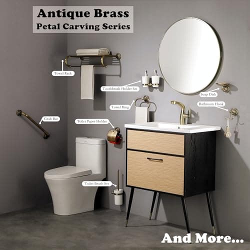 Lucyound Antique Brass Toothbrush Holder, Wall Mounted Bathroom Tumbler Cup Set, Vintage Gold Decorative Bathroom Accessories, Ceramic and Brass, Petal-Relief Series 6