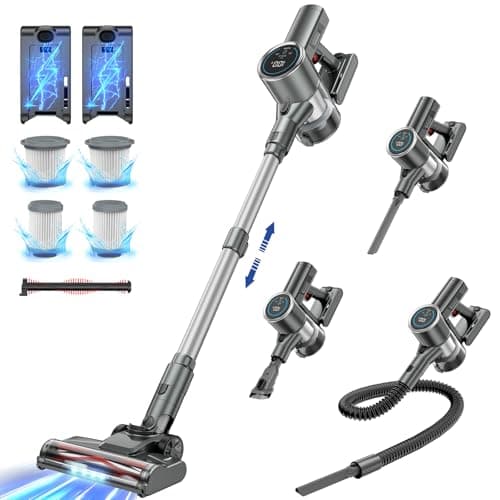 Cordless Vacuum Cleaner with 2 Batteries, 500W 45Kpa Lightweight Stick Vacuum Cleaners for Home with LED Display, Brushless Motor, Anti-Tangle, for Carpet & Hard Floor & Pet Hair (Grey)