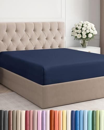 Queen Fitted Bed Sheet - Bottom Single Fitted Sheet Only - Soft Hotel Luxury Bedding w/ 8-16 Inch Deep Pockets - Breathable, Cooling & Wrinkle Free - Easy-Care, Fade and Shrink Resistant - Navy Blue