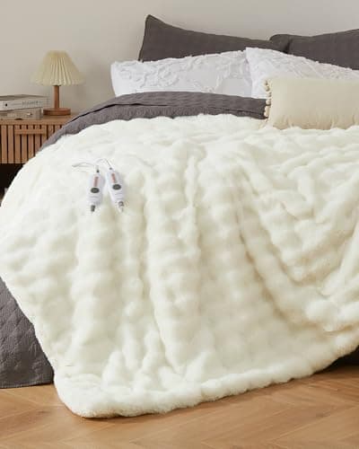 GarveeHome Heated Blanket Queen, Dual Control Faux Fur Electric Blanket with 4 Heat Settings, Soft Bubble Blanket with 8 Hour Auto-Off & Overheat Protection, for Gifts Home Couch or Bed, White