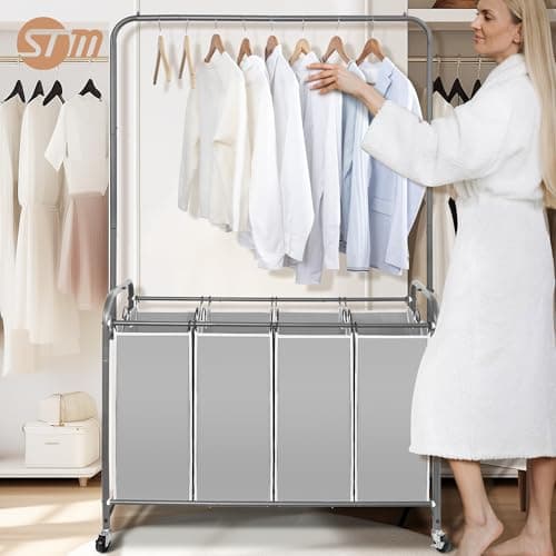 STORAGE MANIAC Laundry Sorter with Hanging Bar, Portable, Removable Laundry Hamper Cart with Heavy Duty Rolling Lockable Wheels and Removable Bags, Rolling Laundry Basket Organizer 181L, 4 Section 8