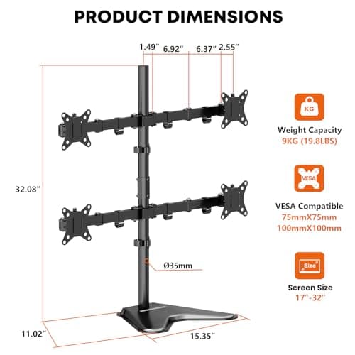 Quad Monitor Stand, Fully Adjustable Stacked 4 Screen Desk Mount for 17 to 32 Inch Computer Screens,Hold up to 19.8lbs Each,Black 7