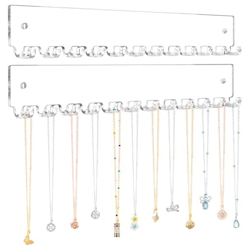 milylove Acrylic Necklace Holder 2 Pack Wall Mounted Necklace Organizer Hanging Jewelry Organizer with 12 Hooks for Necklaces, Bracelets, Rings and Bangles Display