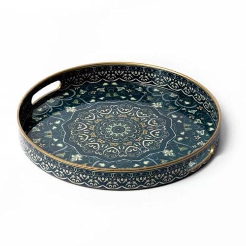 Fuukou Round Serving Tray with Handles - Large Round Ottoman Tray Coffee Table Tray,Plastic Decorative Trays for Coffee Table,Boho Ottoman Trays for Living Room