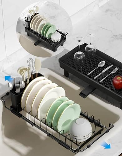 Nacial 2-in-1 Small Dish Drying Rack Fits 14''–21.8'' Sink, Dish Drainers for Kitchen Counter Extend Kitchen Sink Drain Basket with Utensil Holder & Auto-Drain Tray, Stainless Steel Plate Rack, Black