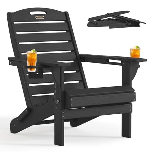 SUUNYN Folding Adirondack Chair HDPE All-Weather Adirondack Chairs with Cup Holder, Outdoor Fire Pit Chairs Lawn Chair for Deck Patio Garden (Black)