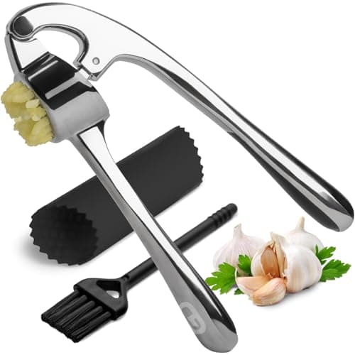 Garlic Press Crusher & Mincer – Easy Squeeze Ergonomic Handle, Heavy Duty Zinc Alloy, Dishwasher Safe, Includes Peeler & Cleaning Brush – Garlic Ginger Crusher Tool (Imperial Silver)