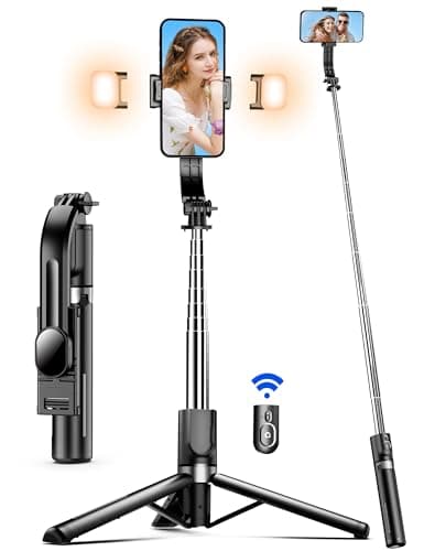 45" Selfie Stick Tripod with 2 Lights, Extendable 5 in 1 Selfie Stick Phone Tripod, Portable Selfie Sticks with Wireless Remote Compatible with iPhone 15/14/13 Pro Max, Samsung, Android, Gopro