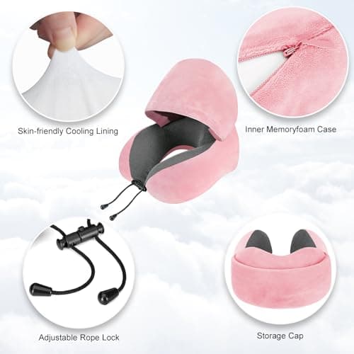 Cirorld Travel Pillow, Neck Pillow for Travel with Hood for Airplane, Velvet Memory Foam Neck Pillow Women Lady Head & Neck Support, for Long Flights Plane, Office, Cars Sleeping & Rest (Pink) 6