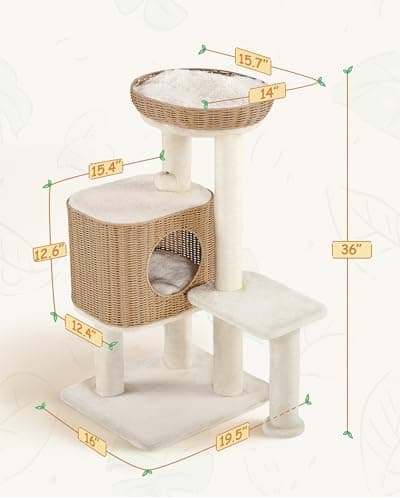 Yaheetech 36in PE Rattan Cat Tree with Big Perch, Breathable Woven Condo, Extra Long Sisal Scratching Post, Washable Cushion, Natural Cooling Design for Indoor Large Kittens, Beige 9
