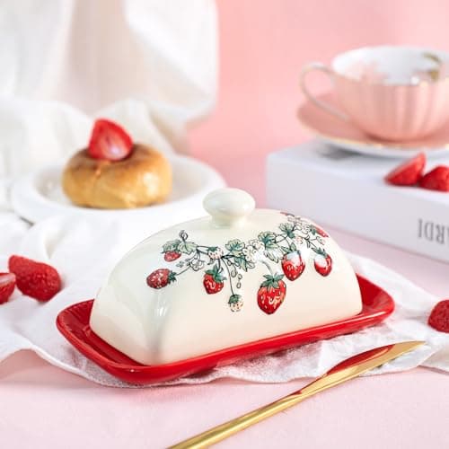 Bicuzat Ceramic Butter Dish with Lid Butter Keeper Butter Plate Tray for Kitchen Countertop Embossed Strawberry Pattern Butter Crock Keeper Saver 3