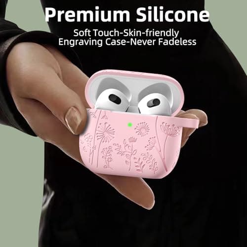 Lerobo for Airpods 4 Case Cover with Cleaner Kit, Cute Flower Engraved Silicone Protective Case Cover with Keychain Compatible with Apple Airpods 4 Case 2024 for Women and Girls, Pink 8