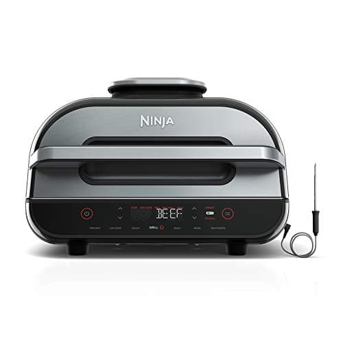 Ninja | Indoor Grill and Air Fryer| Foodi Smart XL | 6-in-1 Grill, Air Fry, Roast, Bake, Broil, Dehydrate & Crisp |Smart Thermometer & Splatter Shield | Dishwasher Safe Parts | Black/Silver | FG551