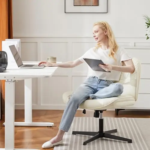 OLIXIS Criss Cross Legged Chair No Wheels Armless Wide Seat Adjustable Height Swivel Thick Padded PU Leather Comfortable Home Office Desk Seating 8