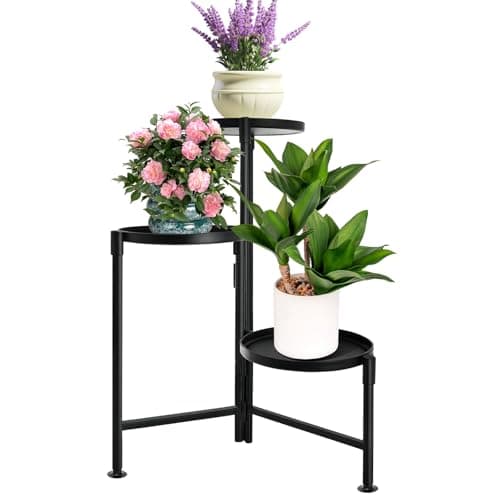 KISENG 3 Tier Plant Stand Indoor, Metal Plant Shelf Outdoor, Foldable Corner Tall Plant Rack for Multiple Plants, Flower Pot Holder Display Stand for Living Room Patio Home Decor for Gardening