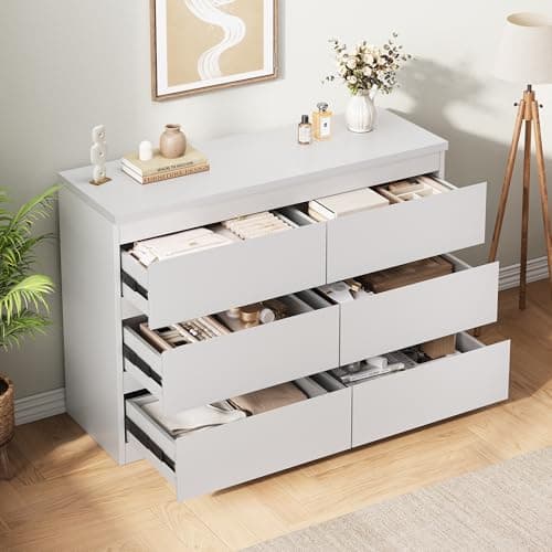 Jocoevol White 6 Drawer Dresser for Bedroom, 15.3" D x 47.2" W x 32.3" H in Simply Modern Chest of Drawers, Wood Storage Double Dresser with Deep Drawers for Living Room, Hallway Entryway, White 8