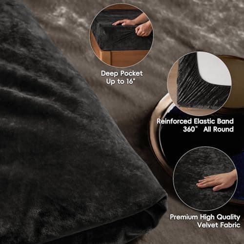 PHF Truly Velvet Fitted Sheet Only Queen Size, Luxury Super Soft Cozy Comfy Flannel Bottom Sheet with 15" Deep Pocket,Suitable for Fall Winter and Spring, No Pillowcases, Black 5