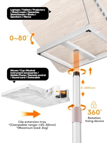 2 in 1 Adjustable Book Stand - Dual-Use Floor and Desktop Book Holder Stand, Height Adjustable 23.5-52 in, Elastic Page Clips for Music Sheet, Recipe, Tablet, Laptop-White 9