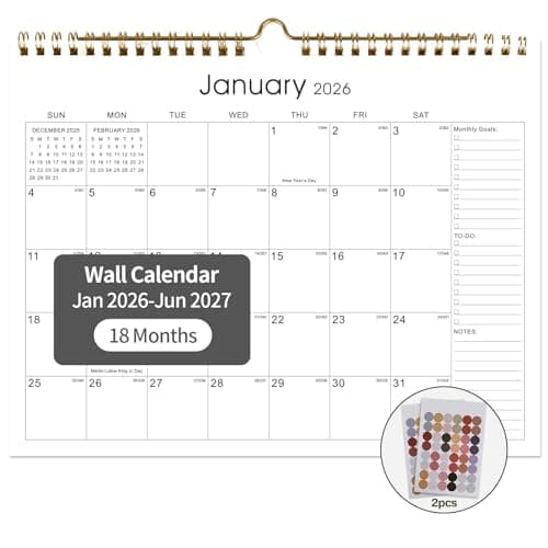 2026 Calendar 18 Monthly Wall Calendar Runs from January 2026 until June 2027 Spiral Binding Hanging 11.5" x 14.7" Thick Paper with Julian Dates and Block for School Office（Simplicity）