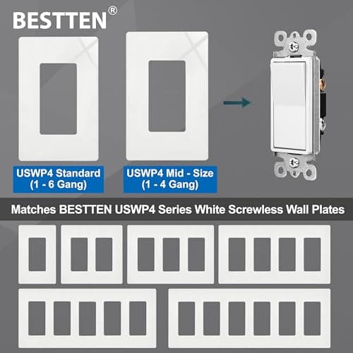 BESTTEN 10 Pack Single Pole Decorator Light Switch with Wallplate, 15A 120/277V, Rocker Paddle Wall Switch, On/Off Interrupter for LED and Other Lamps 7
