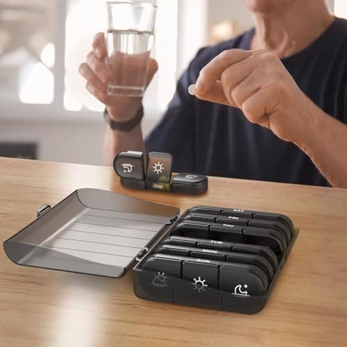 PULIV Weekly Pill Organizer 3 Times a Day, Portable Travel Pill Box 7 Day with Large Pill Containers, Light-Proof Pill Case for Vitamins, Medication, Supplements and Fish Oils (Black) 7