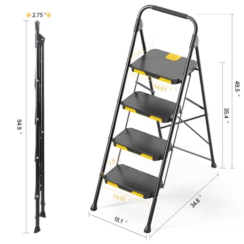 KINGRACK 4 Step Ladder, Sturdy Steel Step Stool with Safe-Lock Design, Handrail, Anti-Slip Wide Pedals, Pass 800lbs Load Testing, Folding Portable Ladder for Multi-Purpose, Home, Kitchen, Black 8
