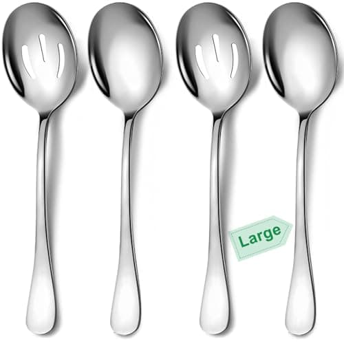 Keyoxy 4 Piece Stainless Steel Serving Spoons Set, 10-Inch, Includes 2 Large, 2 Slotted, for Parties/Kitchen/Buffet/Catering, Dishwasher Safe