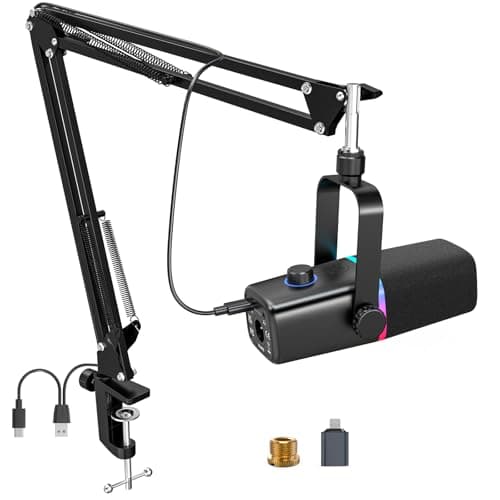 ZealSound XLR/USB Dynamic Microphone for Gaming Podcast,Mic for iPhone Phone PC Computer Gaming Streaming Microphone with RGB Light,Mute Button,Mic Gain,Headphones Jack,Boom Arm Stand,Singing YouTube