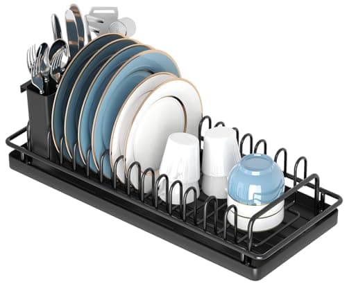 XYZLVSI Compact Small Dish Rack Sink Drying Rack with Silicone Mat, Stainless Steel Dish Drainer for Kitchen Cabinet, Kitchen Sink Rack,Dish Holder, Black