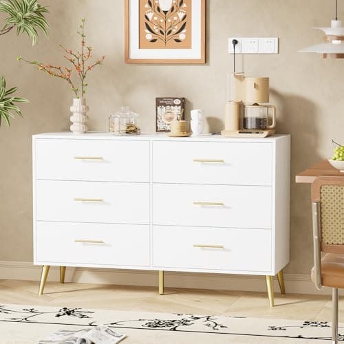 ORGANSANDS White Dresser for Bedroom, 6 Drawer Chest with Wide Drawers and Gold Metal Handles