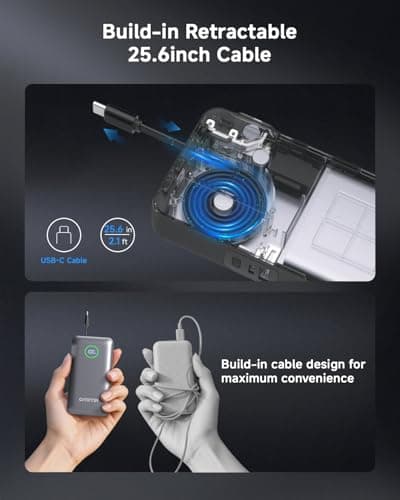 Portable Charger with Built in 25.6in Retractable Cable and Wall Plug, 10000mAh USB C Travel Power Bank, 35W Fast Charging Battery Pack Compatible with iPhone 16 15 14 13 Samsung Android Phone etc 2
